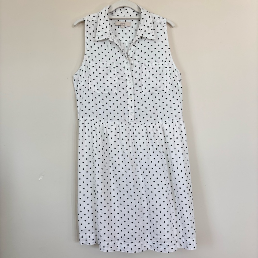 Ann Taylor Loft Women's White & Black Polka Dot Linen Shirt Dress Size 6 - Picture 3 of 17